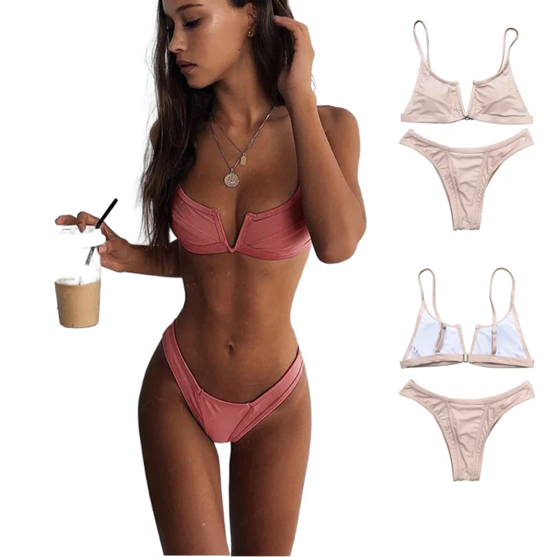 

Bikinis Brasileiro 2021 Wired Cutout Bandeau Swimsuit Women 2 Pieces Push Up Swimming Suit Padded V-Bra Triangle Bikini Bather