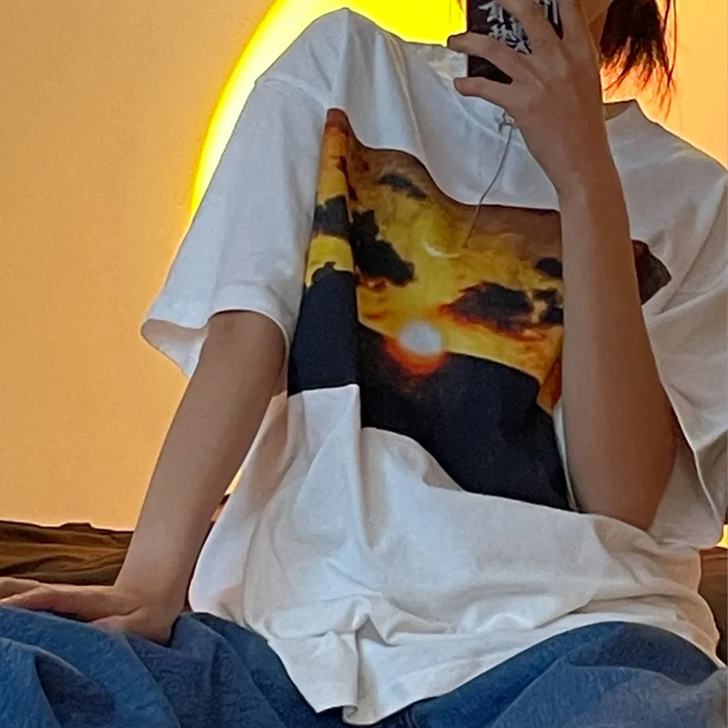 Женские Модные свободные футболки в Корейском стиле топы с природным пейзажем