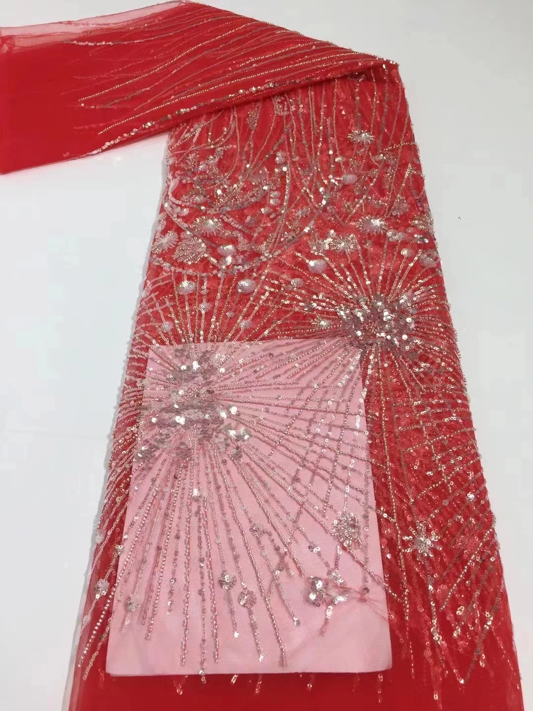 

the latest beads tube design 5yards beaded net tulle lace fabric for lady party dress sewing good quality mesh lace DP6283