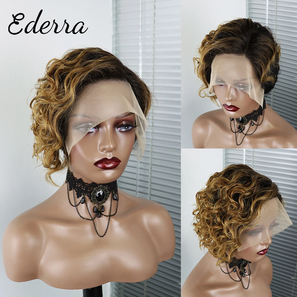 

13X4 Front Lace Wigs Brazilian Short Curly Pixie Cut Natural Wig Remy Human Hair Machine Made Hair For Black Women Fashion New