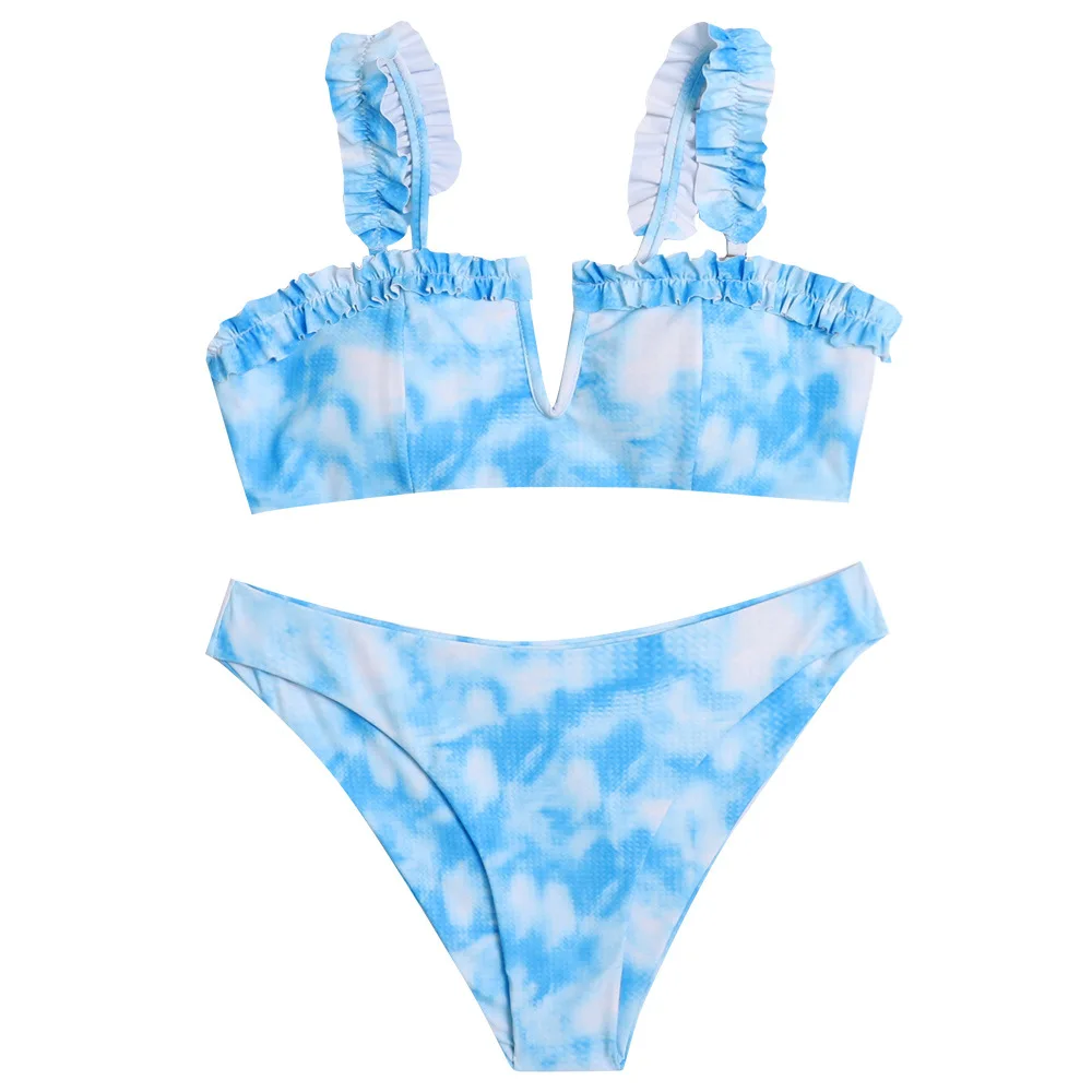 

Bathing Suits Woman 2020 European and American New Gradient Color High Waist Swimsuit Sexy V-Shaped Lace Tie-Dye Flat