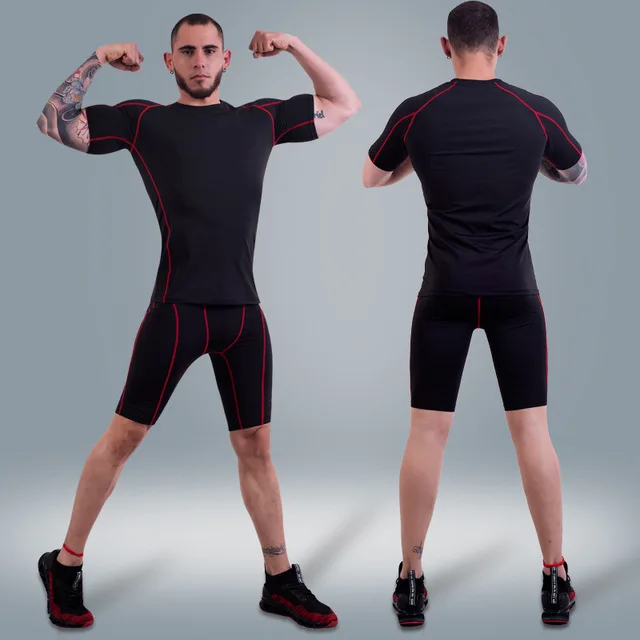 black with red line Мужская компрессионная одежда быстросохнущие бегущие наборы мужчин спортивный костюм спортивные костюмы летняя спортивная одежда для фитнеса - Цвет: black with red line