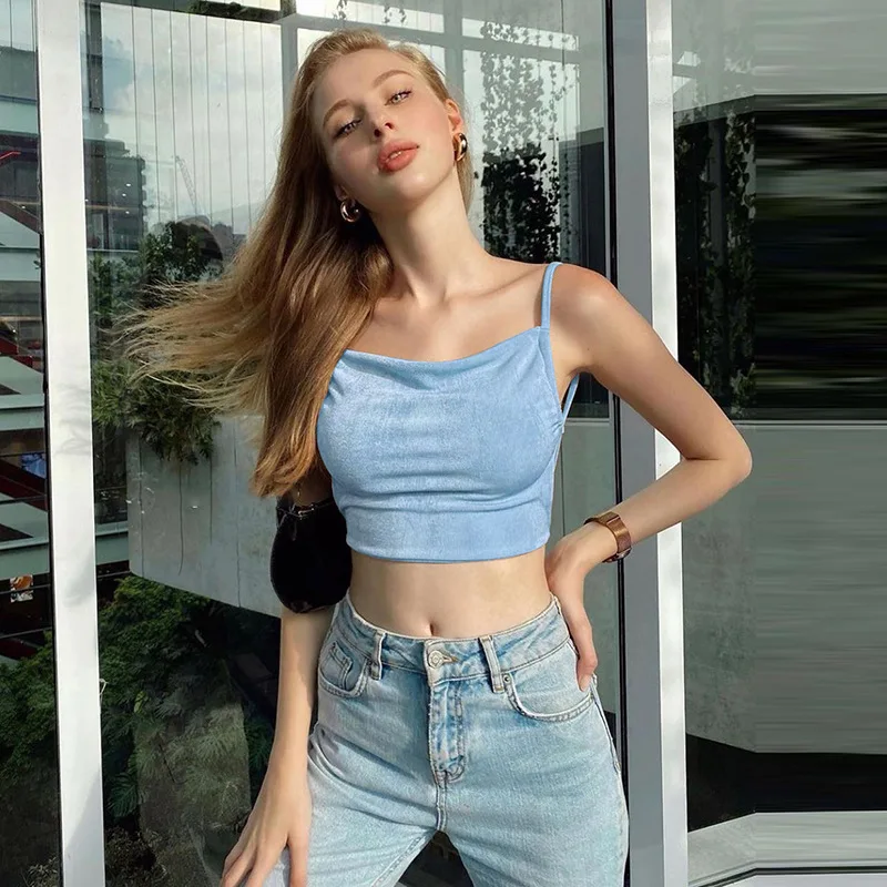 

2021European and American New Women's Vest Collar Solid Color Navel Backless Strap Vest Short Wearing Small Strap Tops for Women