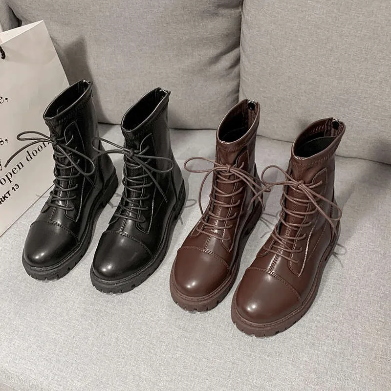 2021 Autumn Women's Boots Women's Round Toe Thick Sole Short Tube Lace-up Brown Ankle Boots Zapatos De Mujer Bayan Ayakkabi