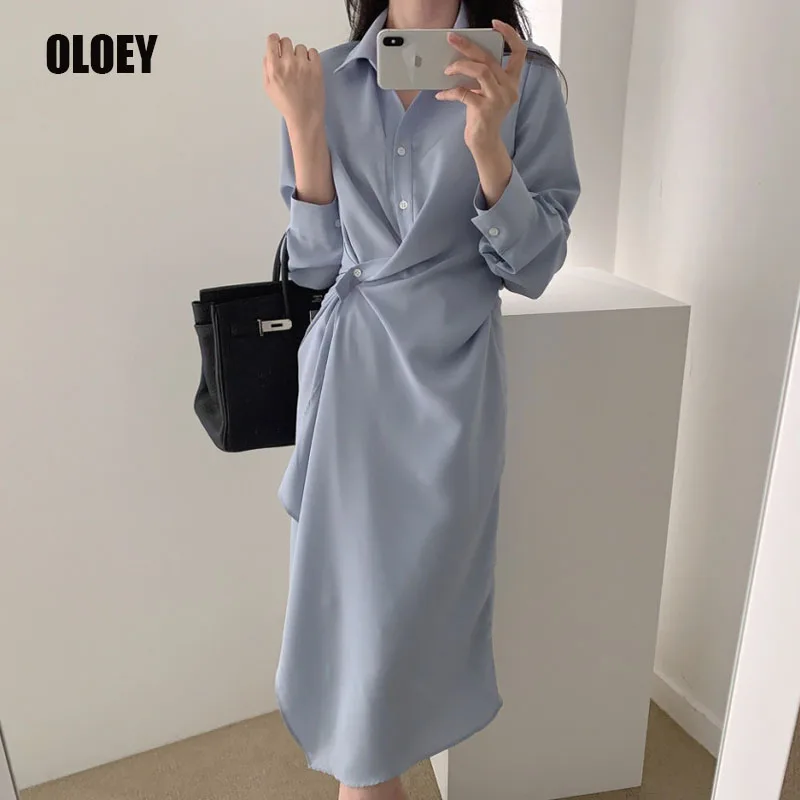 

One-Piece Korean Irregular Shirt Dress Elegant Office Worker Slim Midi Dress Woman Dresses 2021 Autumn Lapel Vintage Loose Dress