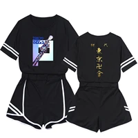 tokyo revengers short suit two piece anime cosplay character print women girl black loose tracksuit crop set 2021 summer outfits