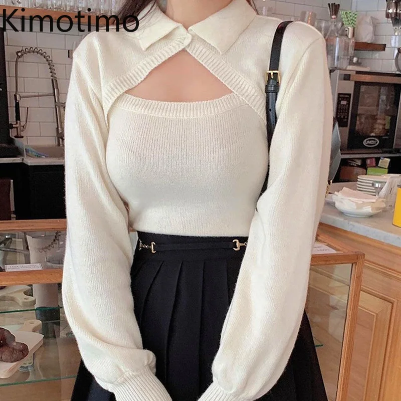 

Kimotimo Design Sweater Women Korean Chic Gentle Hollow Out Fake Two Pullover Autumn Winter Slim Long Sleeve Solid Knitted Tops
