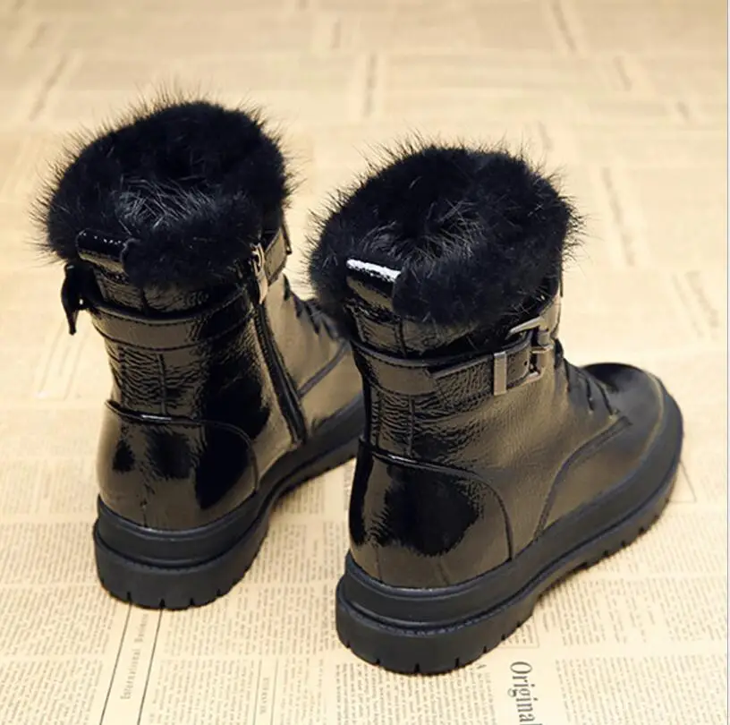 

Waterproof Leather Snow Boots Woman Short Boots Mink Hair 2021 Women Long Plush Warm Shoes Platforms Heel Footware Buckle Black