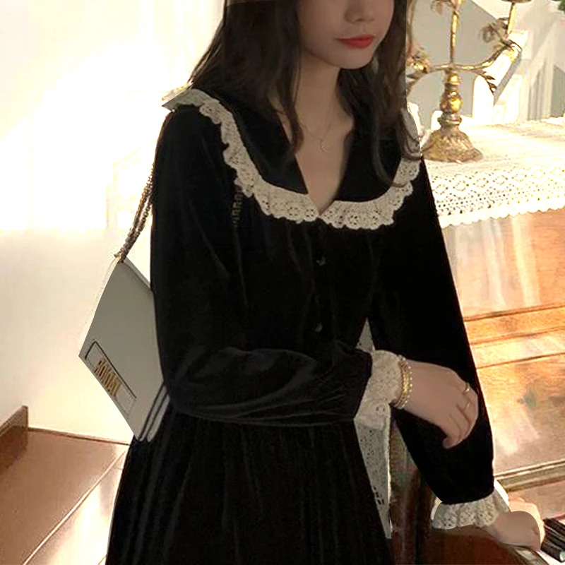 

Women's Spring Autumn Pleuche Dress Women's Peter Pan Collar Long Sleeve Patchwork Button Lace Elegant Casual Dress AA3734