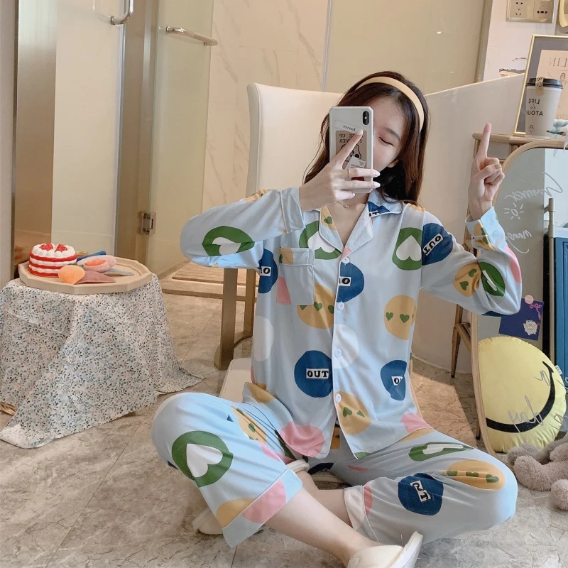 

Ladies Lapel Cardigan Milk Fiber Cartoon Casual Pajamas Suit