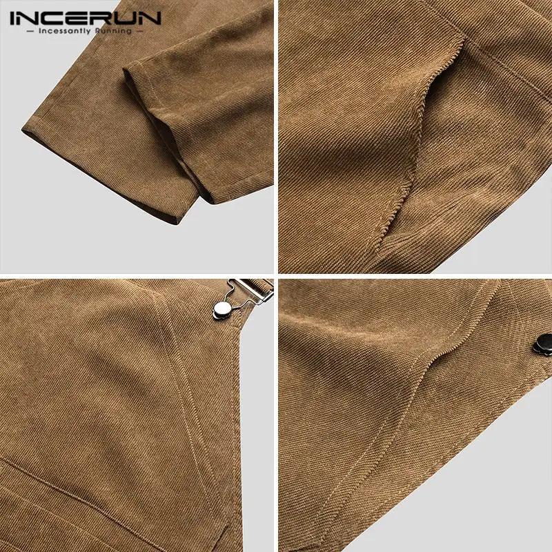

INCERUN Spring Men Corduroy Jumpsuits Solid Bib Pants Pockets Streetwear Casual Rompers Vintage Men Suspenders Overalls S-5XL