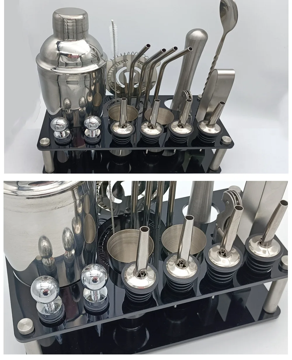 

20-piece cocktail shaker kit with stand, cocktail stick, inverted mouth stopper, sea horse knife, measuring cup, cocktail shaker