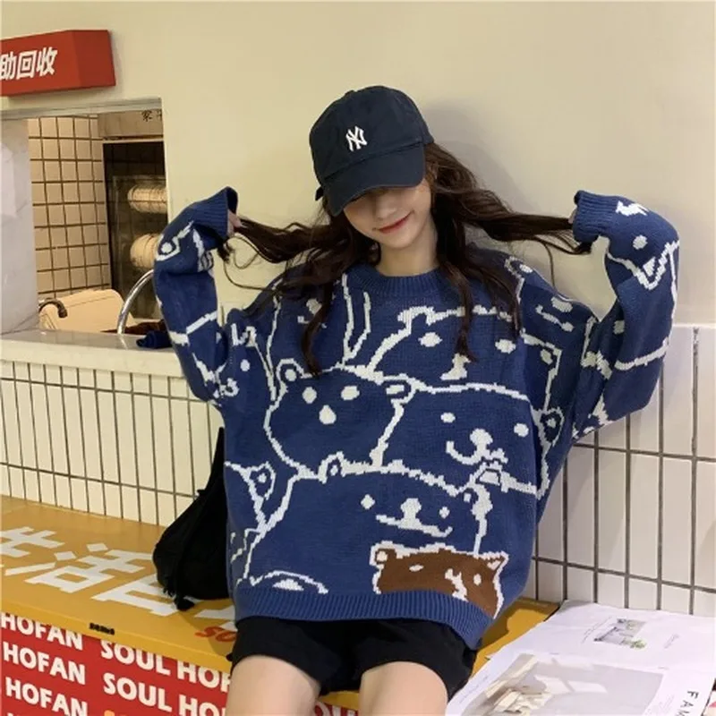 

Autumn Fashion New Sweater Women Bear Pattern Round Collar Long Sleeve Pullover Loose Casual Streetwear Tops