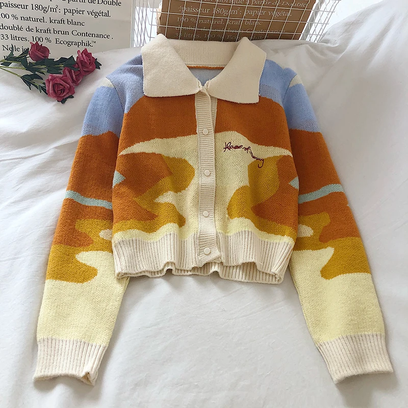 Женский жаккардовый кардиган с принтом Короткий трикотажный Осень-зима 2020 |