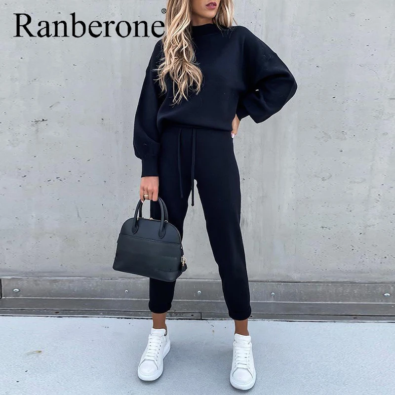 Ranberone 2 Pieces Set Sport Suit Female Solid Lantern Sleeve Top + Drawstring Pockets Design Pants Fitness Women's Tracksuit