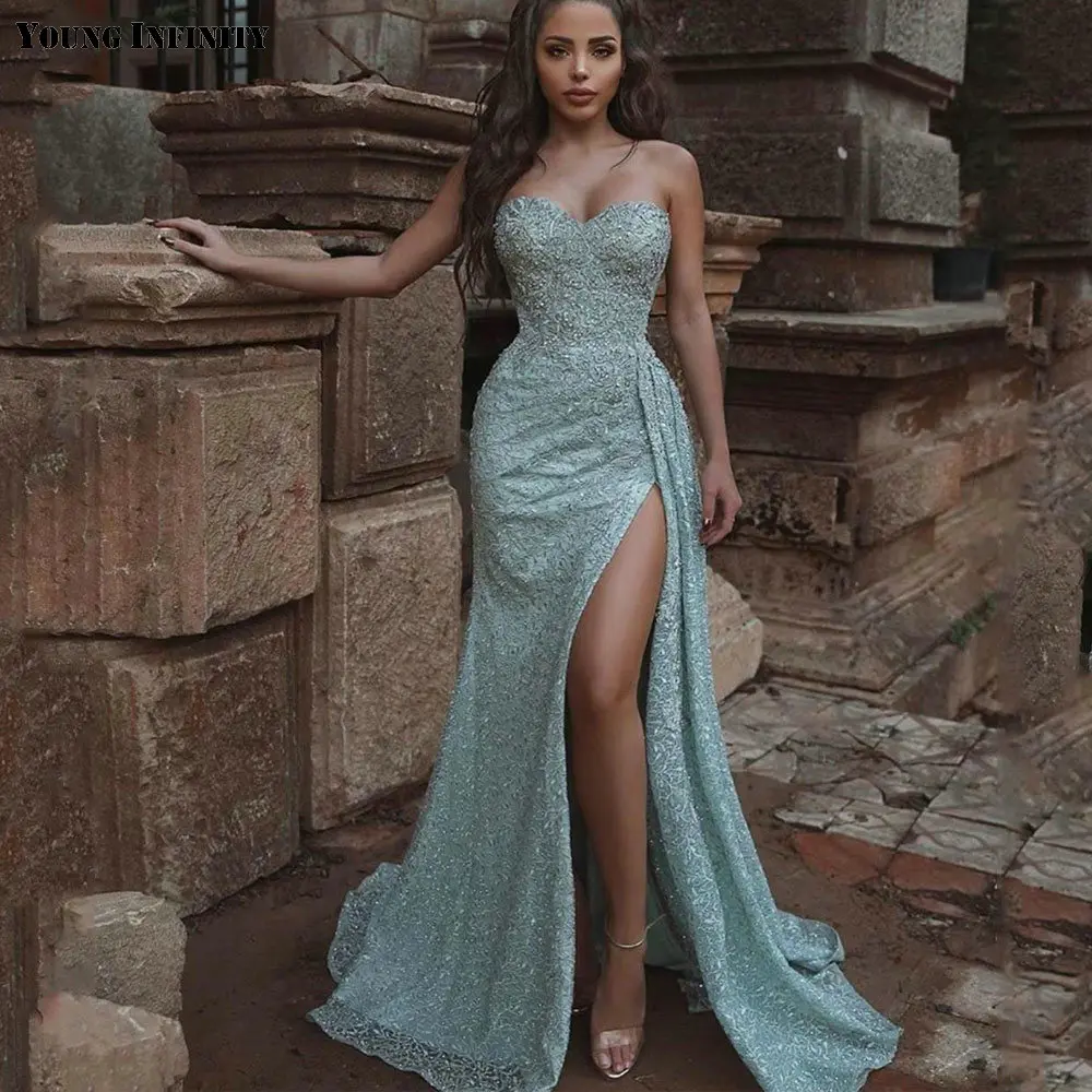 

2020 Young Infinity Mermaid Elegant Evening Dress Sleeveless Sweetheart Backless Prom Dresses Front Slit Hot Sale Formal Dress