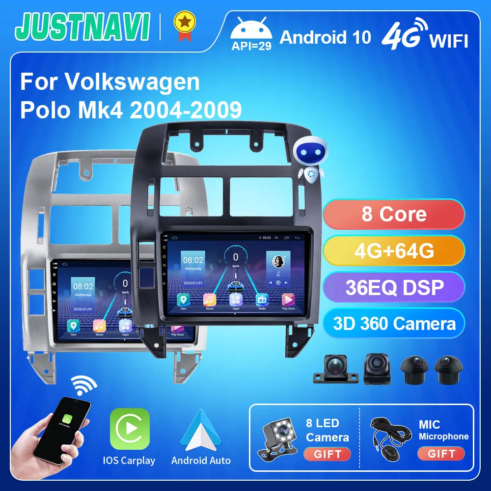 

Автомагнитола JUSTNAVI, 4 + 64 ГБ, Android 10, для Volkswagen Polo Mk4 2004-2009, GPS-навигация, 4G, DVD