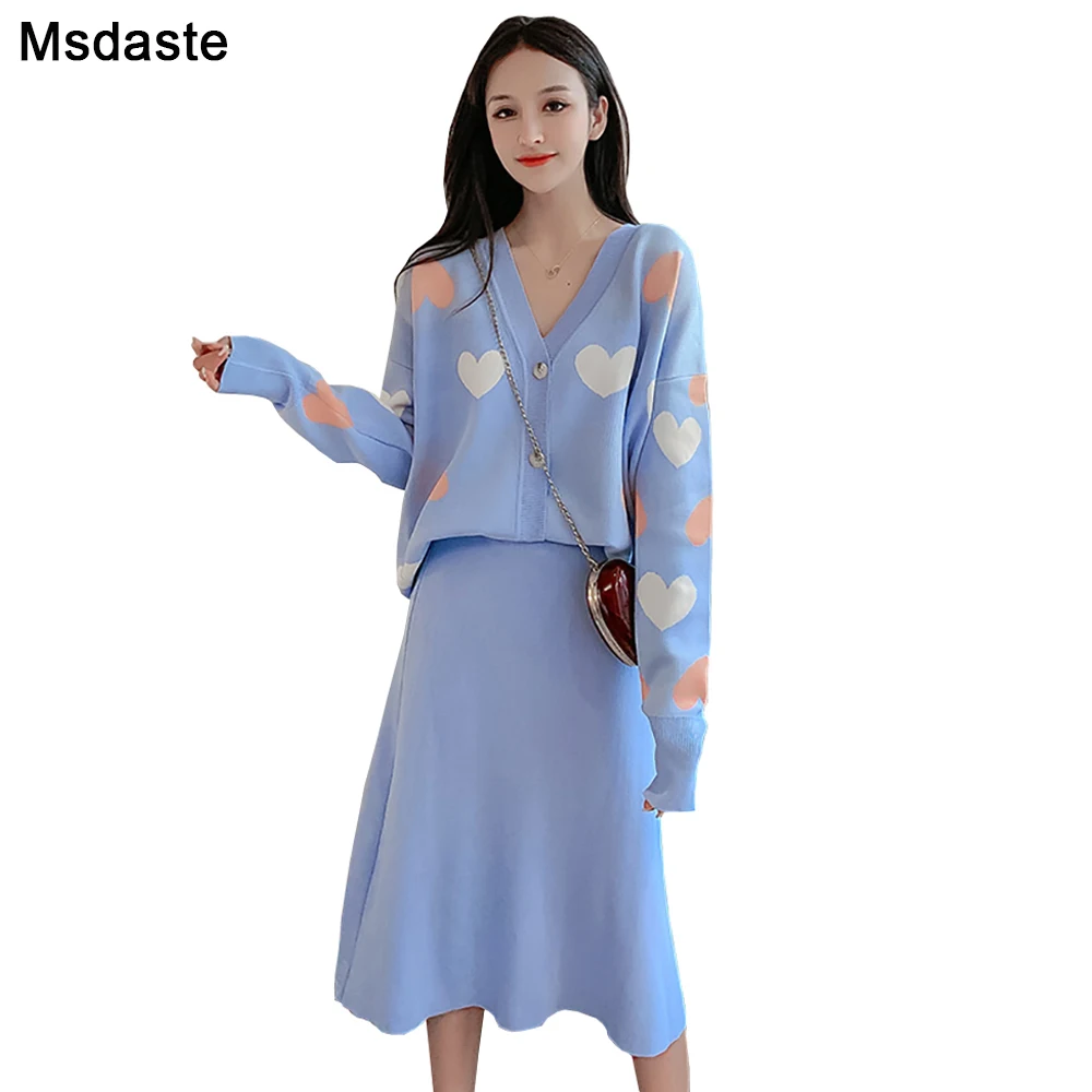 Женский комплект из 2 предметов вязаный свитер кардиган топ + юбка длинный рукав