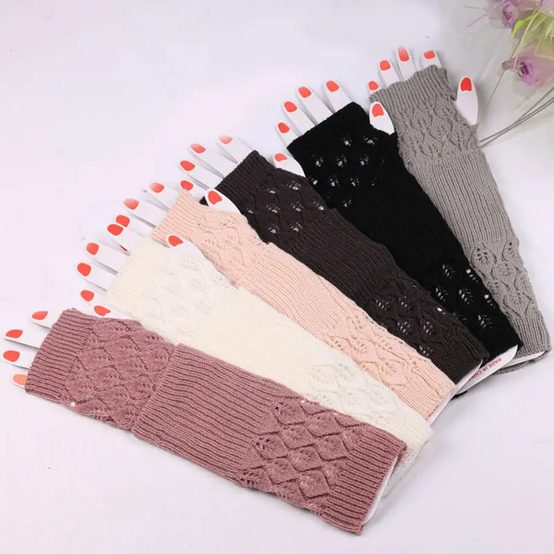 Осенне зимние женские Полые перчатки вязаные удлиненные рукавицы с полым листом