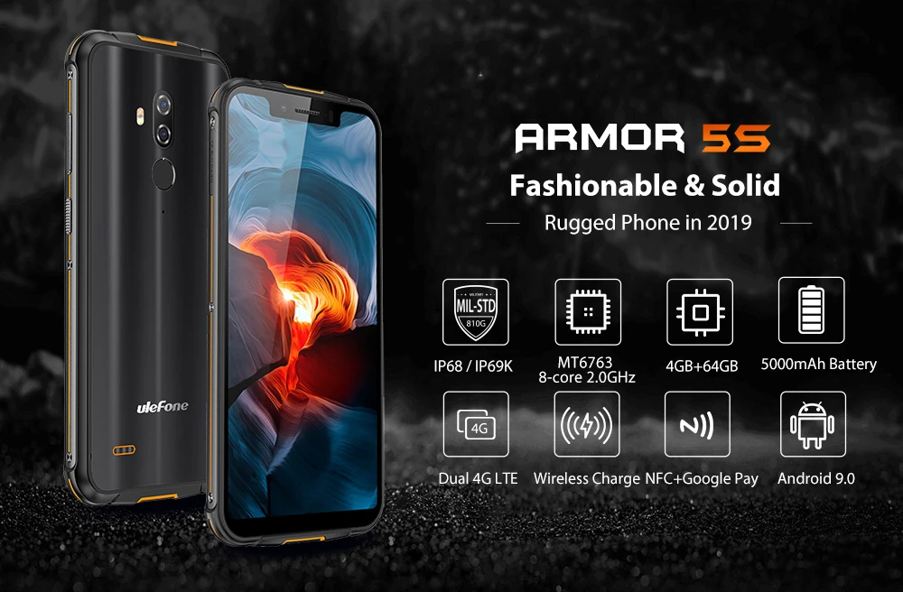 Ulefone Armor 5S IP68 водонепроницаемый прочный смартфон Otca-core Android 9,0 4 Гб+ 64 Гб Dual SIM 4G мобильный телефон NFC Беспроводная зарядка