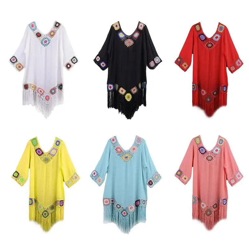 

2021 Summer New Womens Crochet Chiffon Tassel Tunic Beachwear Cover Bikini Dress Robe Swim Beach Dresses Up Swimsuits Swim V7X0