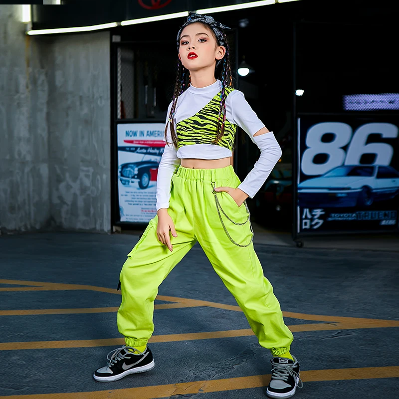 Танцевальные костюмы для девочек в стиле хип-хоп флуоресцентные зеленые детские