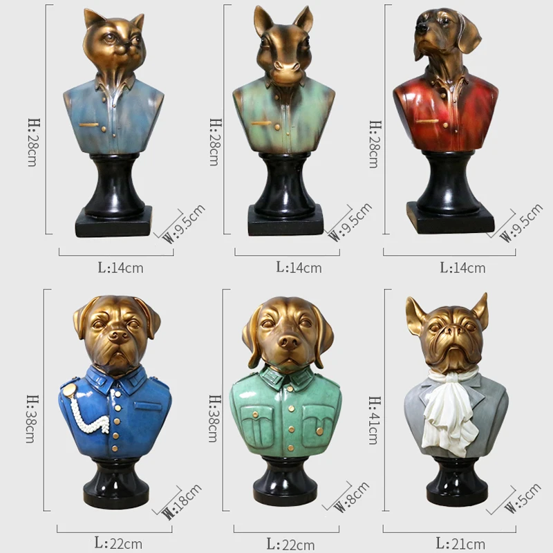 

[MGT]Vintage Animals Uniform Bust Sculpture Ornament/Dog Cat Horse Head Artificial Statue/Commemorate Pets Home Showpiece Decor