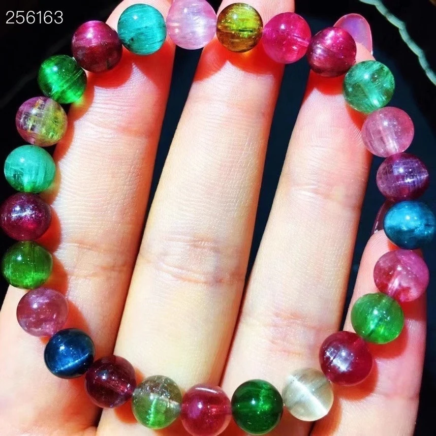 

Natural Colorful Tourmaline Quartz Cat Eye Bracelet 7.3mm Clear Round Beads Women Men Fashion Genuine AAAAAA