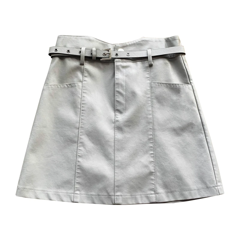 

Irregular leather skirts women sexy short vertical striped mini skirts Women fashion A-line PU bag hip skirts and belt