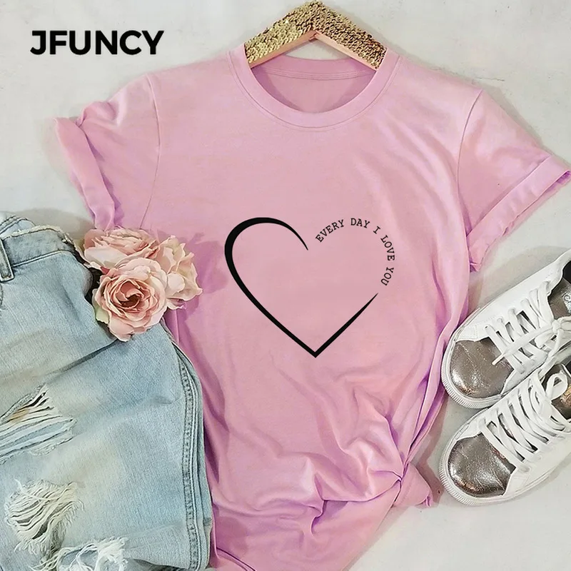 JFUNCY 2020 Summer Ladies T Shirt Simple Love Pattern Female Short Sleeve Harajuku T-shirt Femme Tops 5XL  Graphic Tees