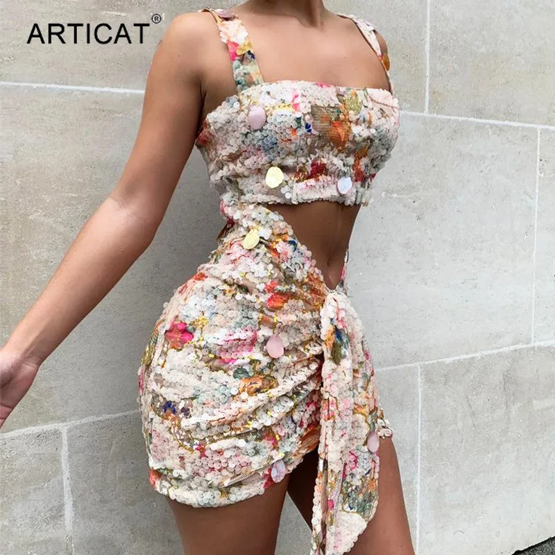 Articat/вечерние комплекты из двух предметов с блестками; женские топы на бретелях; драпированные комплекты с юбкой-пачкой; Клубные женские наряды; комплект из 2 предметов