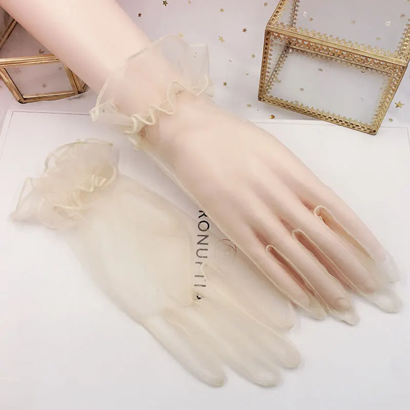 

1 Pair Women Tulle Gloves Full Finger Mittens Stretchy Lace Lotus Leaf Sheers Flexible Solid Color Transparent Sexy Gloves