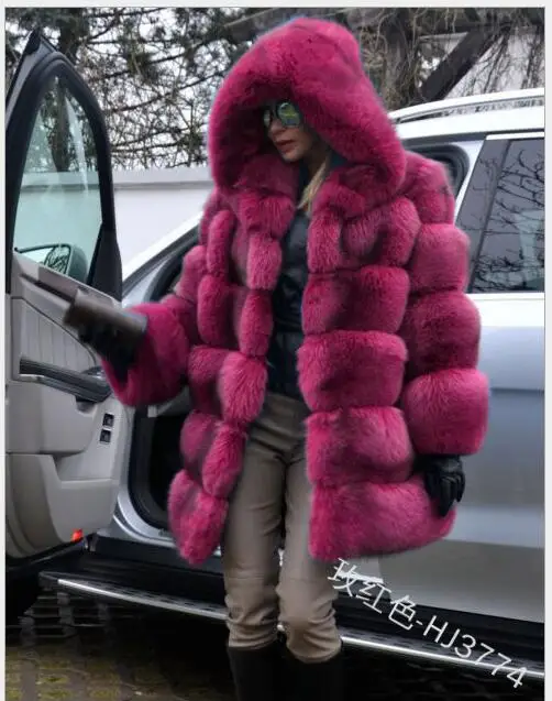 rose red color Зимнее пальто из искусственного меха, новое модное пальто для женщин, средний стиль, воротник-стойка, Лисий мех, свободные куртки из искусственного меха размера плюс S-4XL - Цвет: rose red color