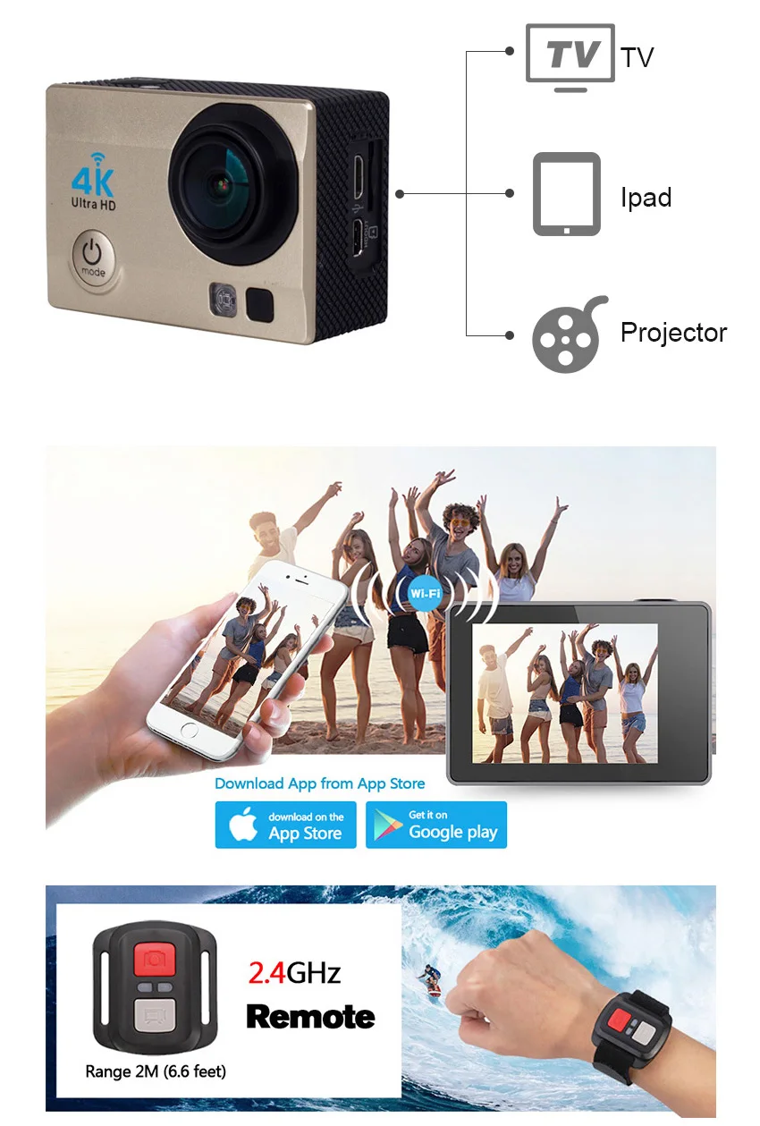 HD 4K Экшн-камера 30 м Водонепроницаемый 2,0 'экран 170D подводный 1080p Спортивная камера go extreme pro wifi камера
