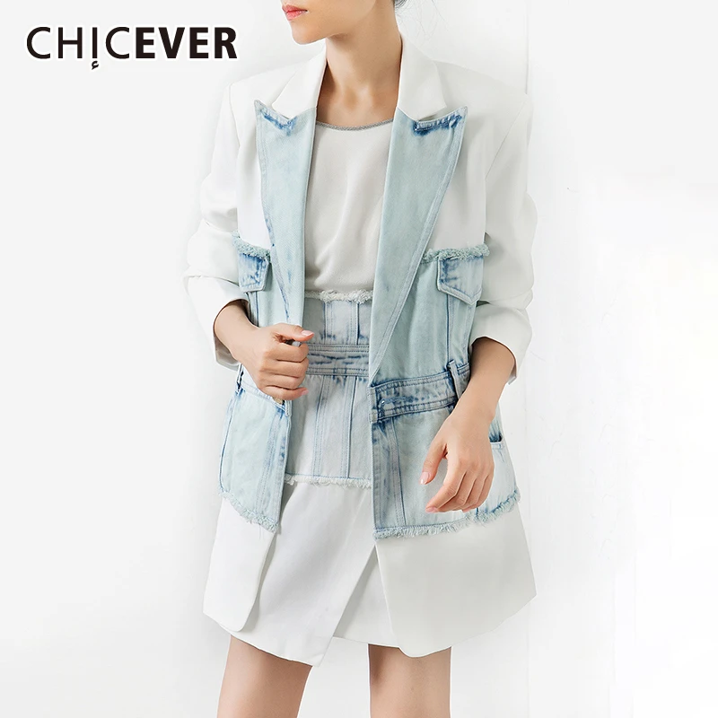 CHICEVER, осень, корейский Джинсовый блейзер в стиле пэчворк, одежда для женщин, зубчатый воротник, длинный рукав, свободный карман, Женское пальто, модная новинка