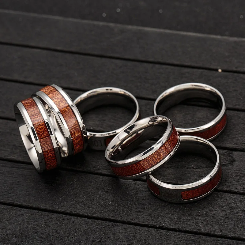 

Stainless steel jewelry factory produces inlaid acacia wood half circle ring men's personalized ring wholesale