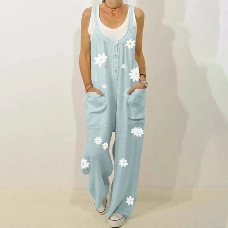 

Woman Plus Size Loose Jumpsuit with Pockets Printed Casual Rompers