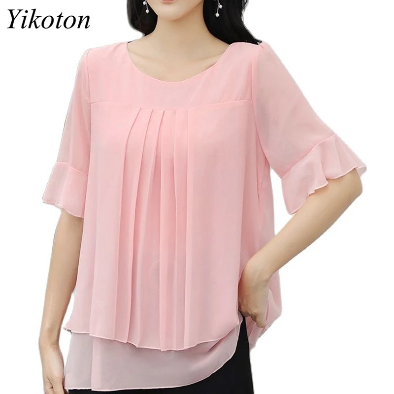 Женская шифоновая блузка с коротким рукавом круглым вырезом 5XL летняя