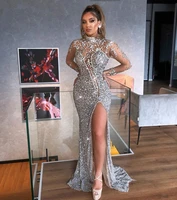 sparkle prom dresses mermaid high collar long sleeves sequins beaded slit sexy long prom gown evening dresses robe de soiree
