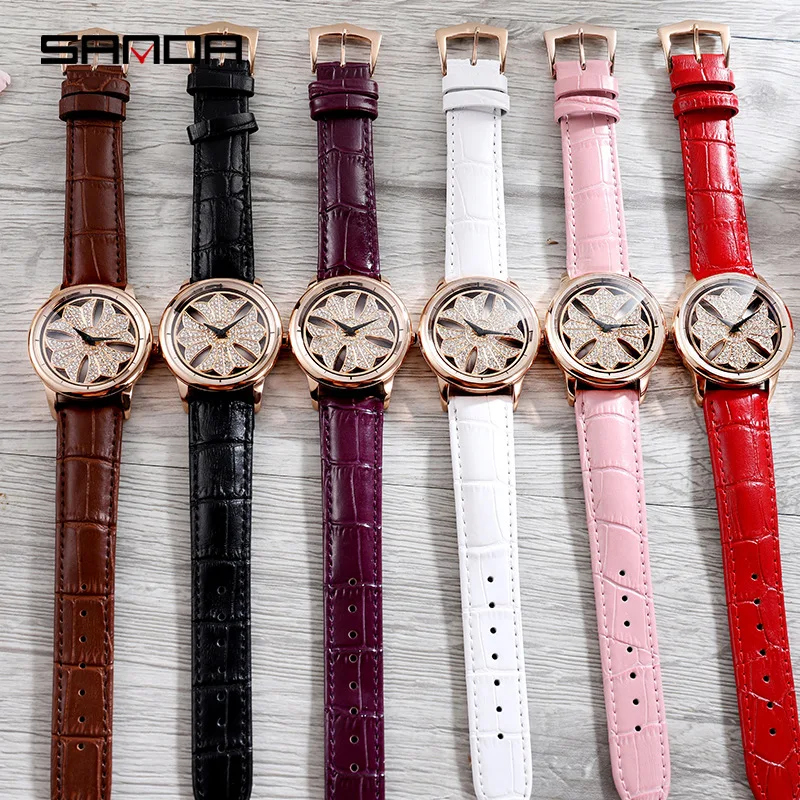 Sanda Топ бренд модные женские часы Изысканный цветочный циферблат вращающийся