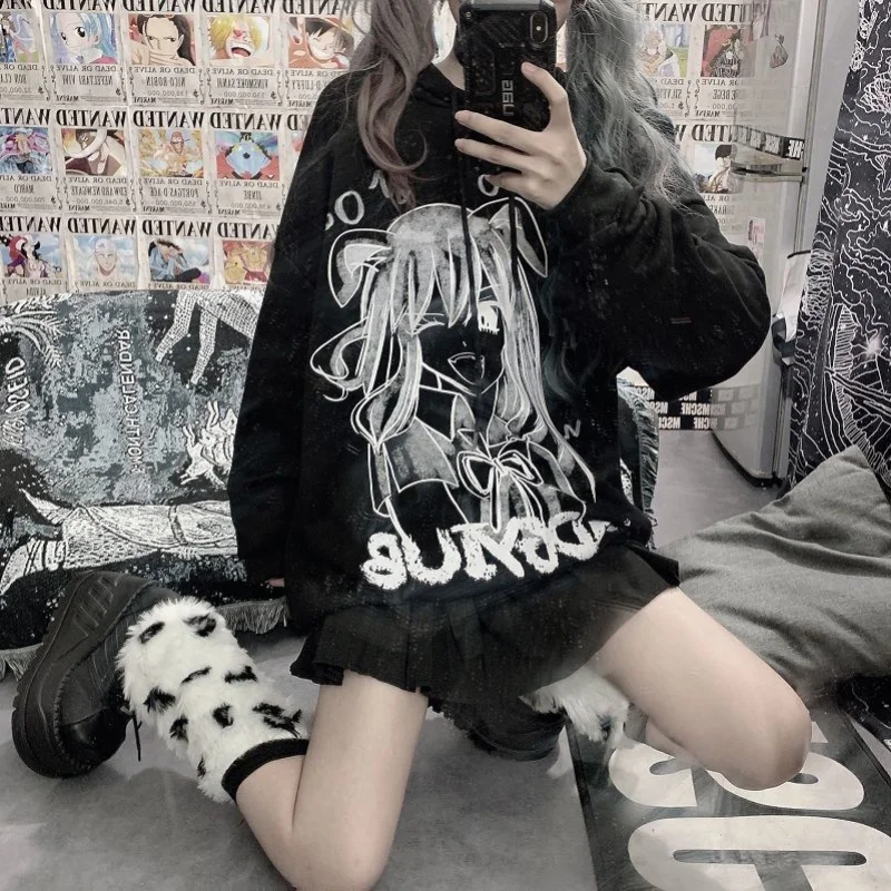 

HOUZHOU Harajuku Hoodie Women Kawaii Anime Print Gothic Sweatshirt Autumn Winter Long Sleeve Clothes Oversized Streetwear