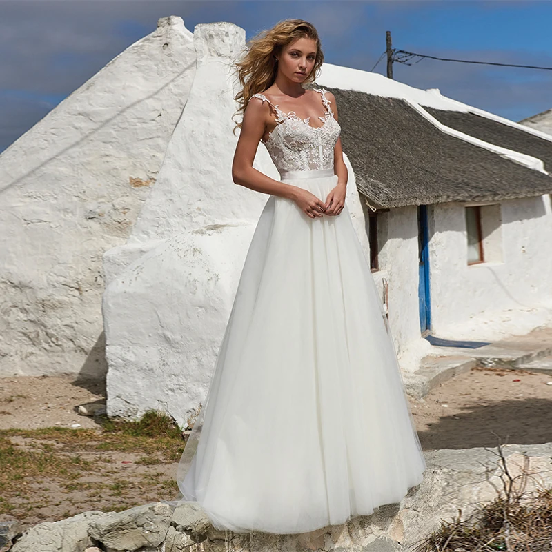 

Thinyfull кружевные тюлевые свадебные платья в стиле бохо, аппликации на тонких бретельках, пляжные трапециевидные фотоплатья принцессы, сваде...