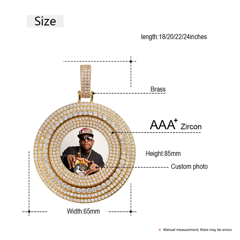 

VIP CZP0366 New Big Spin Round Custom Picture Memory Medallions Solid Pendant Necklace Ice Out Full Of Crystal