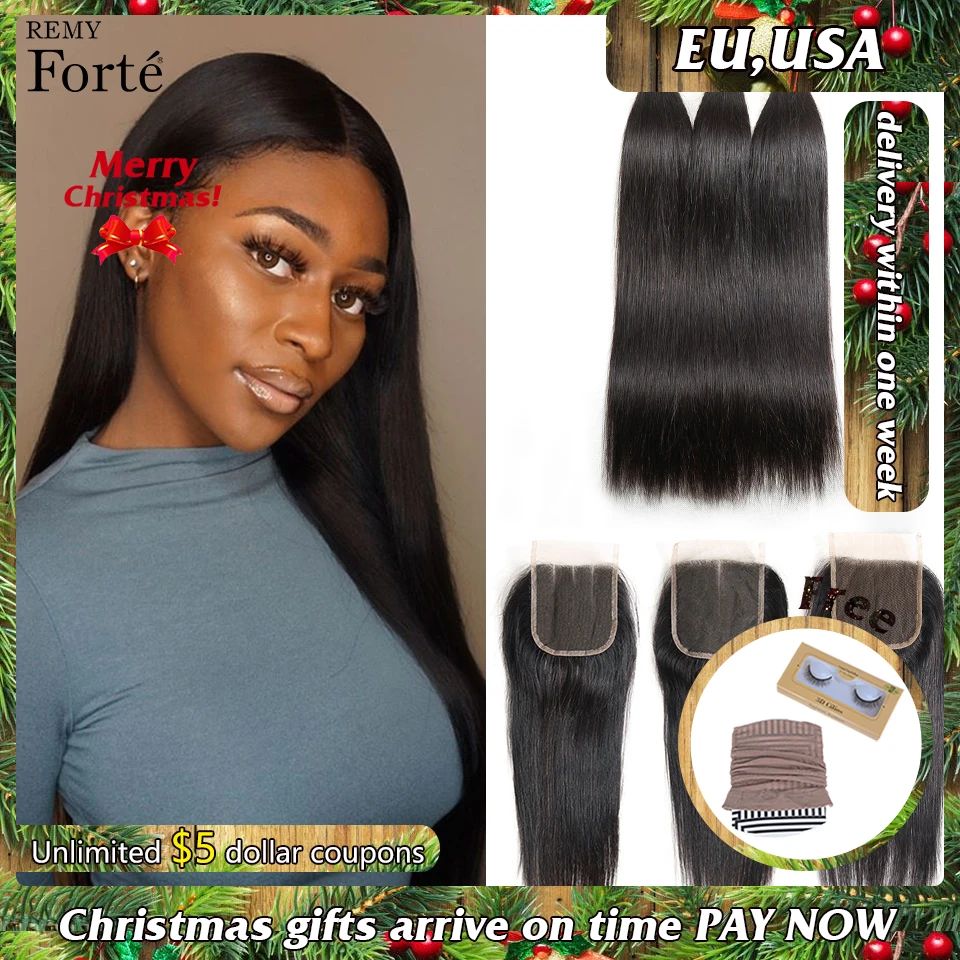 Прямые Волосы Remy Forte, пряди с закрытием, 8-30 дюймов, человеческие волосы Remy, бразильские волосы, волнистые пряди, 3/4 пряди с закрытием