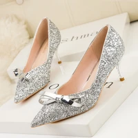 2021 new sweet women pumps shallow bow blingbling solid pointed toe ladies 7cm high heels fashion sexy party office female shoes