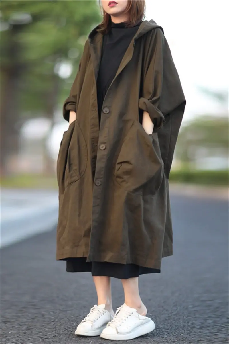 

Simple Loose Extra Large Size Clothes Bat Sleeves Long Big Pocket Windbreaker Jacket Women's Hooded Commuter Casual Coat