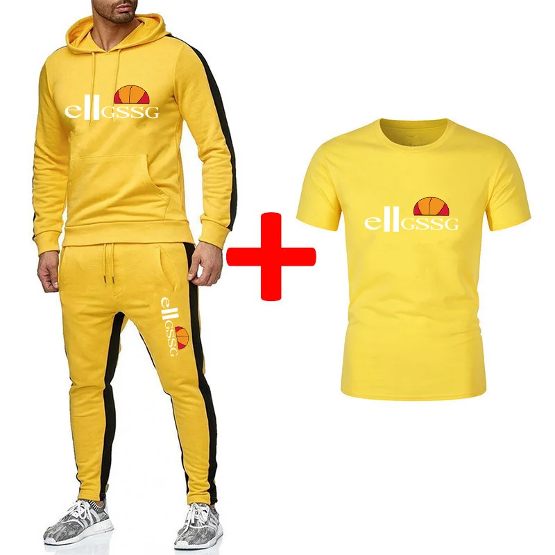 

Spring and Autumn Men's Casual Sports Hoodie Base Short Sleeve T-shirt Breathable Feet Jogging Pants Three-piece Set S-3XL