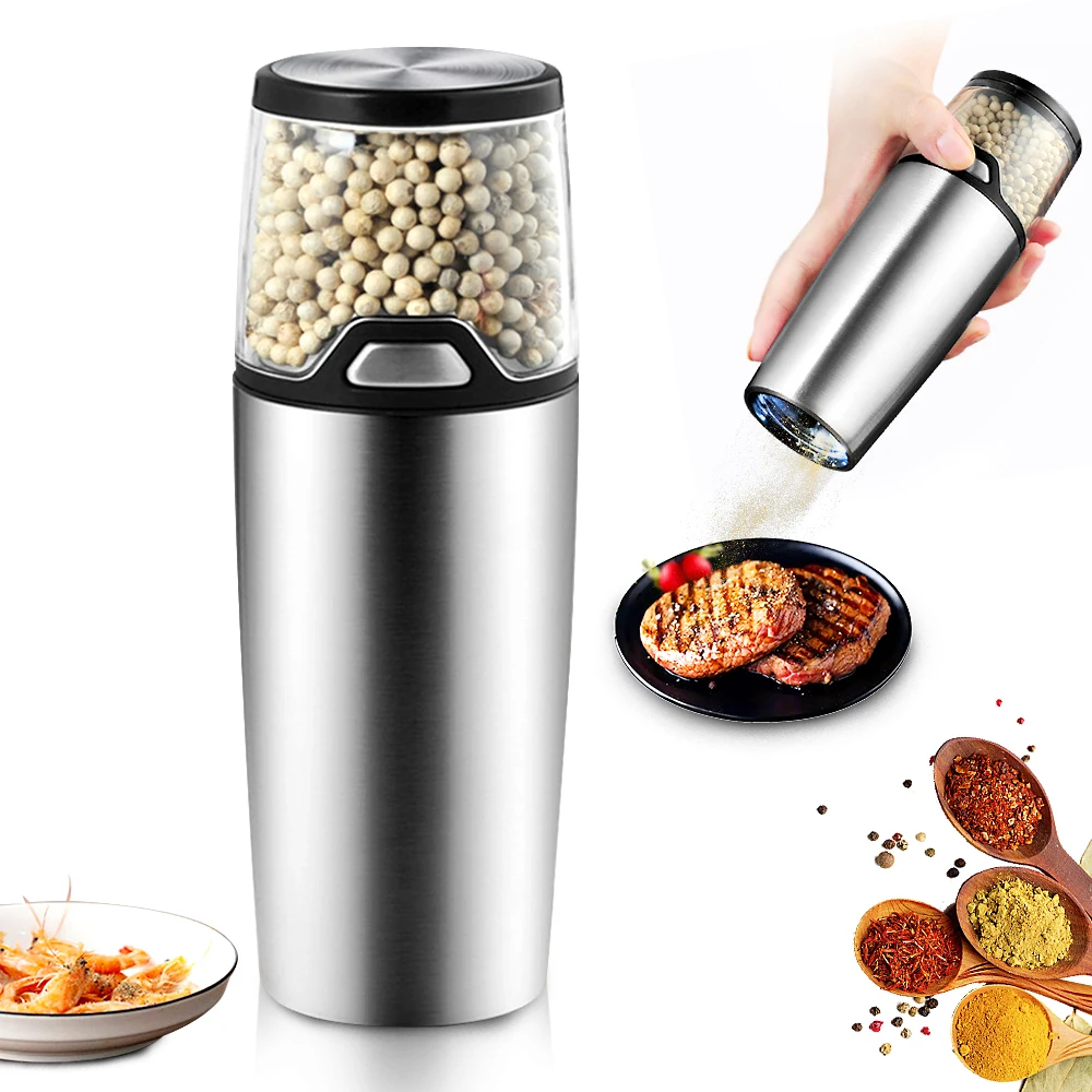 

2 Pcs Set Electric Pepper Mill Stainless Steel Automatic Gravity Salt and Pepper Grinder LED Light Kitchen Spice Grinder Tools