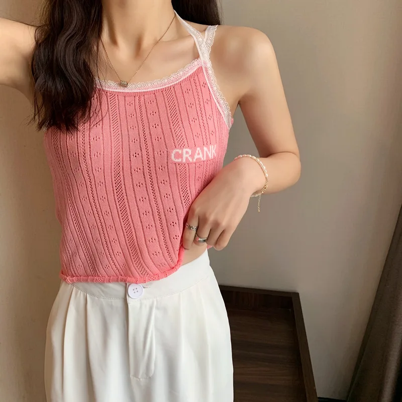 

Halter Knitted Camisole Women Cropped Top Lace Stitching Sling Vest Female Clothes Letter Embroidery Bottomings Ladies Camis