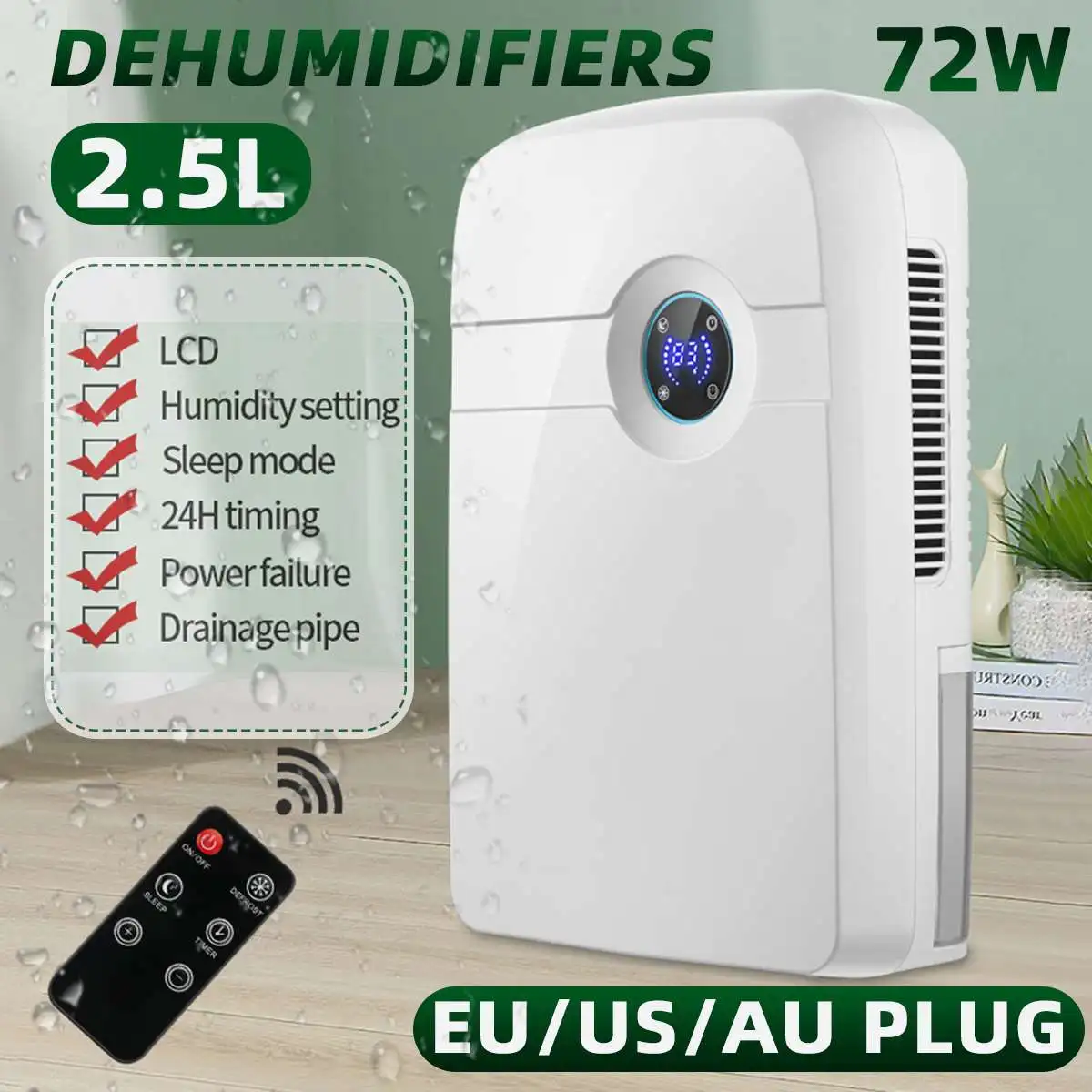 

2500ML Electric Dehumidifier Air Dryer Multifucntion Purifier Remote Control Home Mute LED Screen Double Drainage System EU Plug
